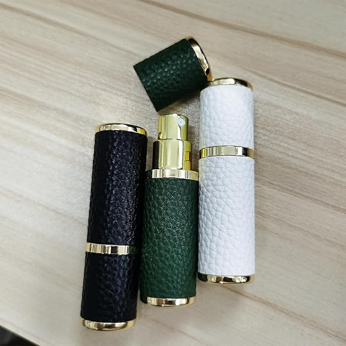 LUEXBOX 3 Pack Portable Perfume Bottle for Travel, Mini Refillable Perfume Dispenser, 5ml Faux Leather Leak Proof Perfume Atomizers Bottles Sprayer for Pocket Perfume (Black, White, Green)