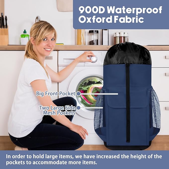 Laundry Backpack Bag, 132L Extra Large Heavy Duty Laundry Backpack for College Dorm Essentials, Laundry Hamper Travel Bag with Shoulder Straps and Mesh Wash Bags for Laundromat, Apartment Blue