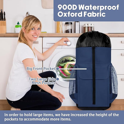 Laundry Backpack Bag, 132L Extra Large Heavy Duty Laundry Backpack for College Dorm Essentials, Laundry Hamper Travel Bag with Shoulder Straps and Mesh Wash Bags for Laundromat, Apartment Blue
