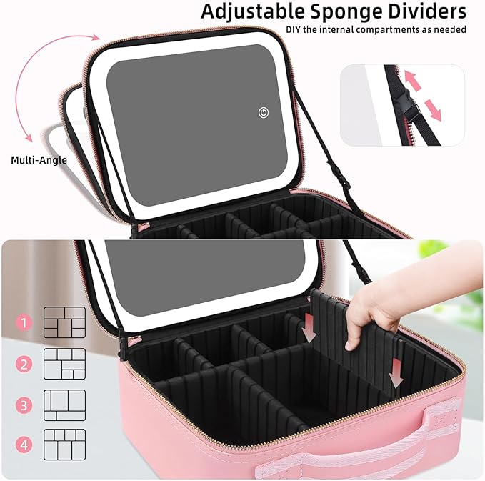 Makeup Bag with Mirror of LED Lighted, Travel Makeup Train Case Cosmetic Bag Organizer with Mirror and Lights, Make up Bag with Light up Mirror Adjustable Divider Brush Board