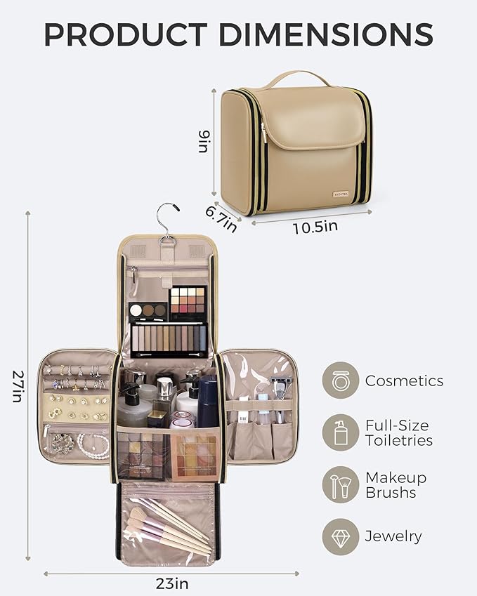 Hanging Toiletry Bag, PU Leather Makeup Bag Large Capacity with Jewelry Organizer for Brushes Set, Cosmetic Accessories, Khaki