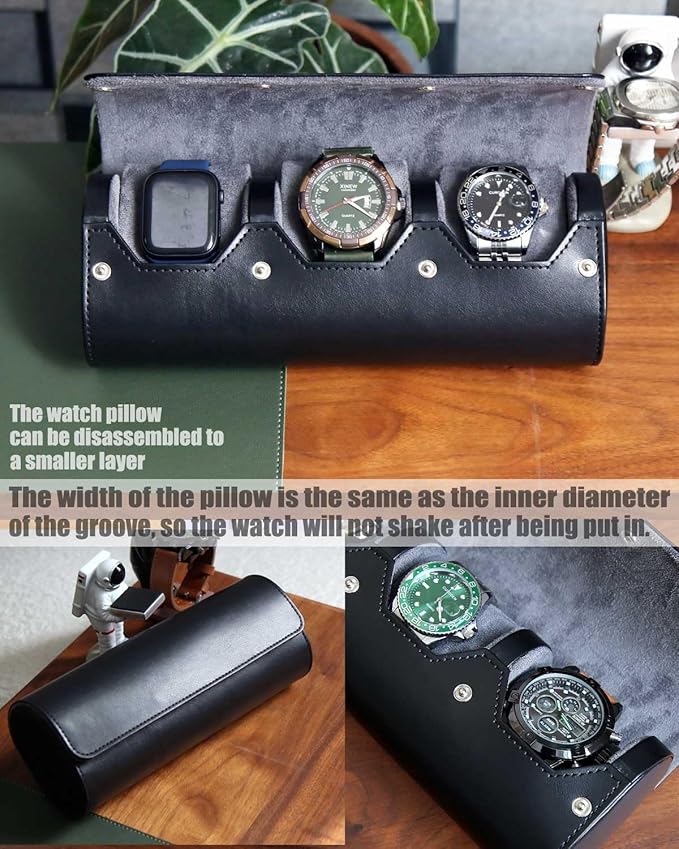 Premium Leather Watch Travel Case - 3 Slot Portable Storage Box With Variable Size Pillow Design, Roll Organizer for Men and Women, Black With Faux Suede Fabric Lining