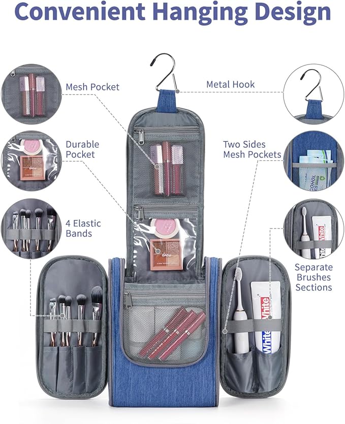 Narwey Small Hanging Travel Toiletry Bag Cosmetic Make up Organizer for Women and Men (Medium, Navy Blue)