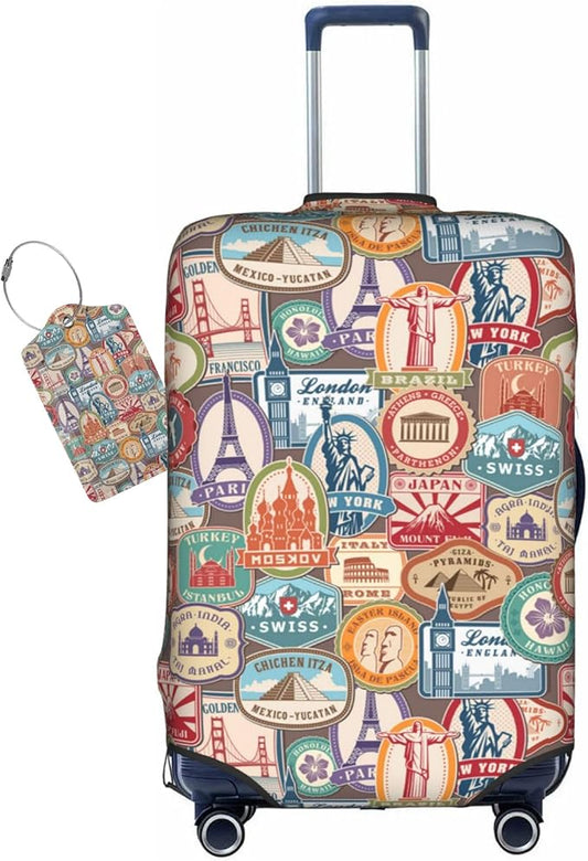 National Landmarks Stickers Luggage Cover Washable Suitcase Protector, Monuments Stamps Stickers Luggage Tag Birthday Gifts (M 22-25 Inch Luggage)