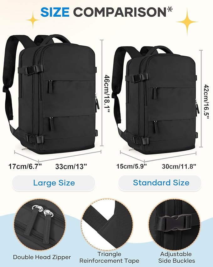 coofay Large Black Travel Backpack For Women Men Airline Approved Carry On Backpack Flight Approved Waterproof Sports Luggage Backpacks Casual Daypack Small Hiking Backpacks