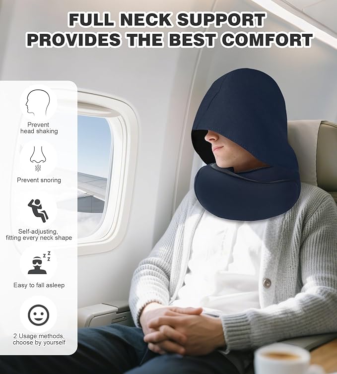 Travel Neck Pillow, Newly Upgraded Hooded Neck Pillow , 100% Pure Memory Foam Travel Pillow for Flight Headrest Sleep,Windproof and heat preservation,Suitable for use in Outdoor/Plane/Car/Office
