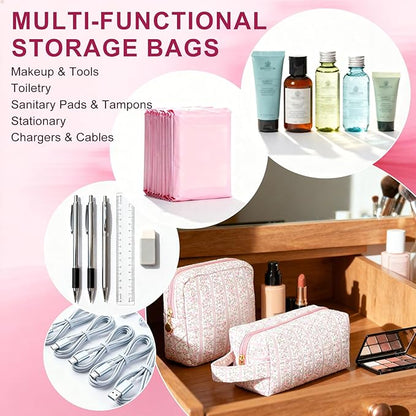 Small Makeup Bags, Cute Floral Cosmetic Pouch for Women and Girls, Quilted Travel Toiletry Bag Organizer, with Zipper, Handle and Compartments, Set of 2