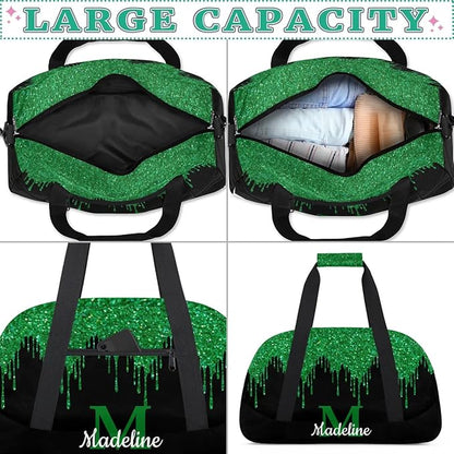 Personalized Kids Sports Duffel Bag with Name Custom Weekender Overnight Bag for Boys Girls Gym Bag Travel Dance Gymnastics Duffel Bag, Green Glitter