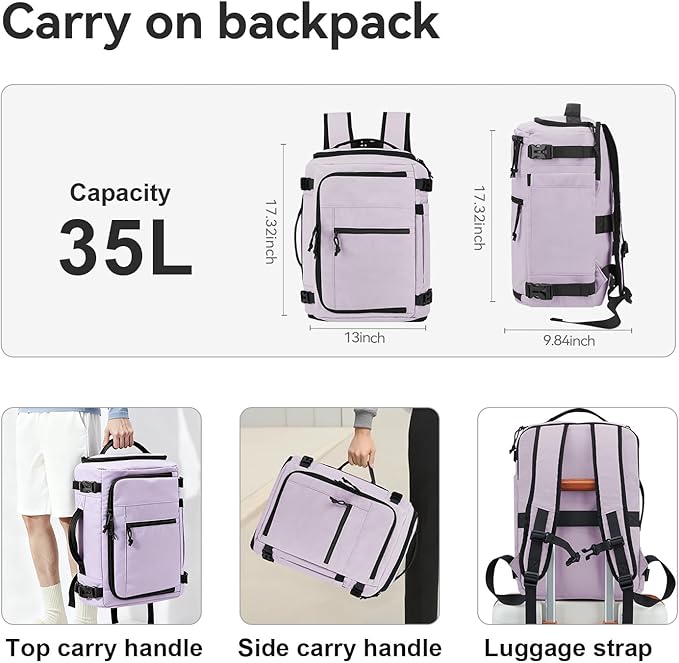 Carry On Travel Backpack Flight Approved Laptop Backpack Business Work Backpack for Women Men Large Capacity Casual Daypack with Wet/Dry Separation Pockets, Purple