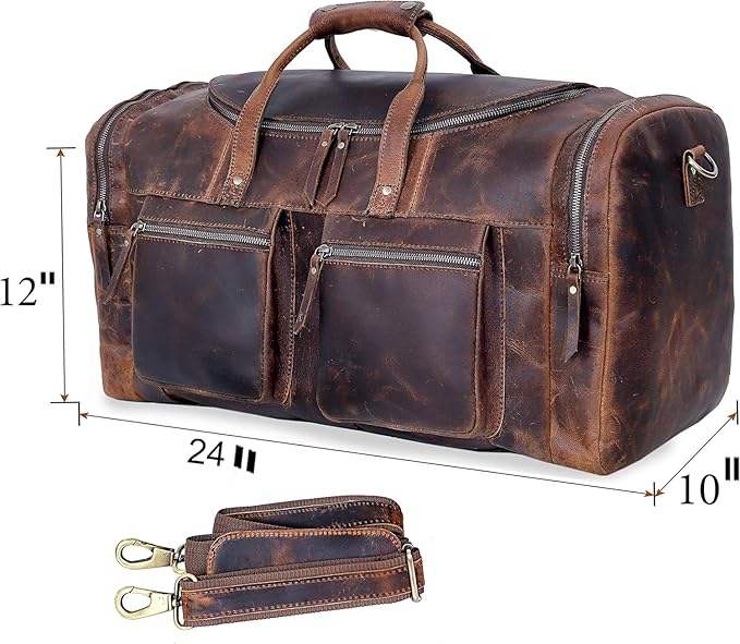 20" Vintage Duffel Classic Style with Modern Outlook Retro Thick Full Grain Cowhide Handmade Airplane Underseat Carry On Bags Leather Gym Overnight Luggage Bag