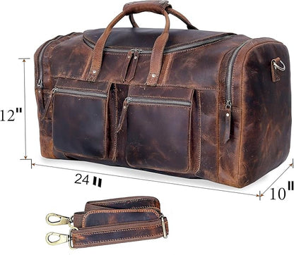 20" Vintage Duffel Classic Style with Modern Outlook Retro Thick Full Grain Cowhide Handmade Airplane Underseat Carry On Bags Leather Gym Overnight Luggage Bag