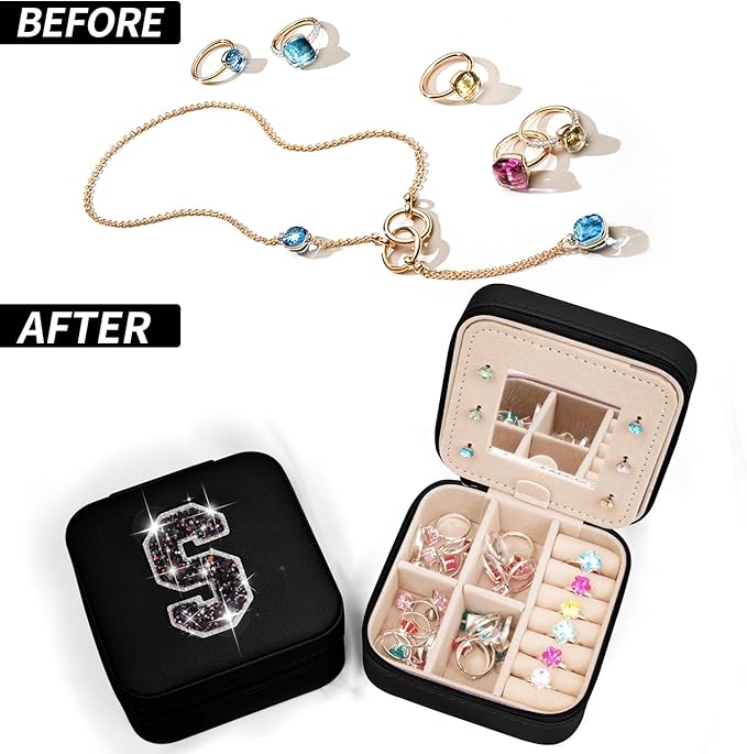 Travel Jewelry Case - Personalized Jewelry Box for Women,Small Jewelry Organizer Cute Jewelry Organizers and Storage Aesthetic,Travel Essentials Birthday Gifts for Girls Women | Black,S