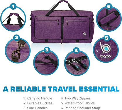 Bago Big XXL Foldable Duffel Bags for Traveling Women & Men - 140L Packable Duffle Bag for Travel with Shoe Compartment - Water Repellant, Heavy Duty, Lightweight Folding & Collapsible (SnowDepPurple)