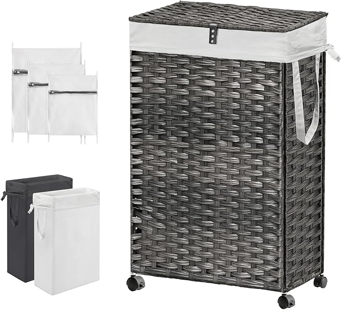 88L Slim Laundry Hamper with Wheels, 23.3 Gallon Rolling Laundry Basket with Lid, Tall and Narrow Laundry Hamper with 2 Removable Liner & 3 Mesh Bags, Laundry Sorter for Bathroom, Grey