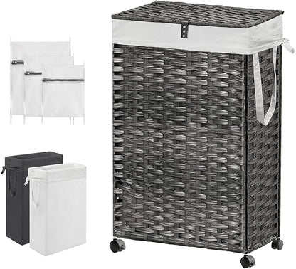 88L Slim Laundry Hamper with Wheels, 23.3 Gallon Rolling Laundry Basket with Lid, Tall and Narrow Laundry Hamper with 2 Removable Liner & 3 Mesh Bags, Laundry Sorter for Bathroom, Grey
