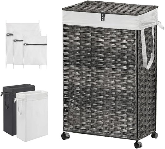 88L Slim Laundry Hamper with Wheels, 23.3 Gallon Rolling Laundry Basket with Lid, Tall and Narrow Laundry Hamper with 2 Removable Liner & 3 Mesh Bags, Laundry Sorter for Bathroom, Grey