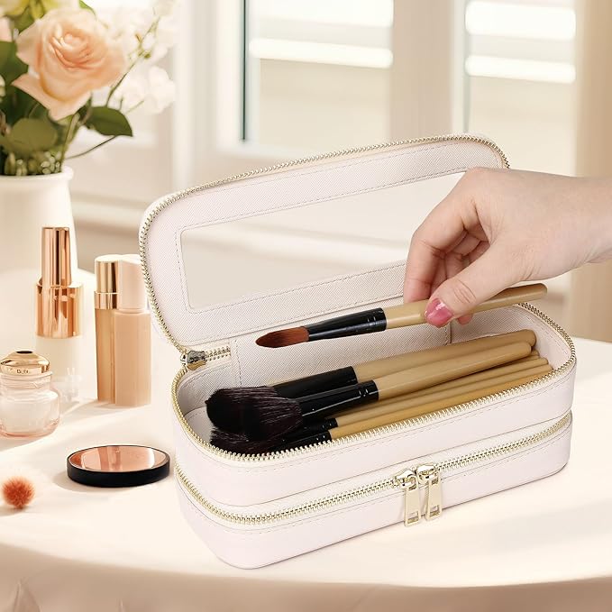 Pinkmik Double Layer Makeup Bag Makeup Brush Case Waterproof Travel Cosmetic & Toiletry Bag Purse Organizer and Car Essentials for Women (Beige, Double SLIM)