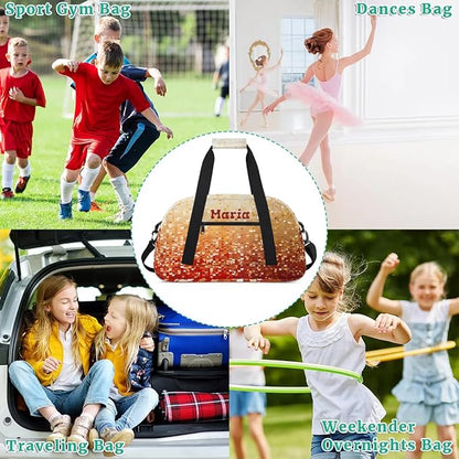 Personalized Kids Sports Duffel Bag with Name Custom Weekender Overnight Bag for Boys Girls Gym Bag Travel Dance Gymnastics Duffel Bag, Red Glitter Golden Shiny
