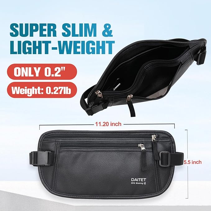 PU Leather Money Belt - Passport Holder Secure Hidden Travel Wallet with RFID Blocking, Undercover Fanny Pack(Black)