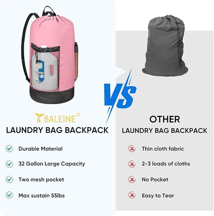 BALEINE 120L Laundry Bag Backpack, 900D Oxford Fabric Large Travel Laundry Bags with Shoulder Straps and 2 Mesh Pockets for College Dorm, Apartment, Laundromat (Pink, 120L)