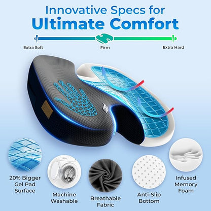 Seat Cushion, BodySync™ Technology with Non-Slip Gel & Memory Foam for Tailbone, Sciatica & Back Pain Relief, Office Chair Cushion, Car Seat Cushions for Driving (Black)