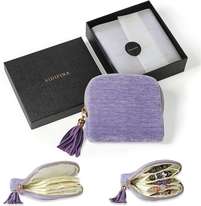 Small Travel Jewelry Case, Mini Travel Jewelry Bag with Zipper, 5-Layer Velvet Organizer Pouch for Bracelet Rings Earrings - Chenille Velvet Light Purple