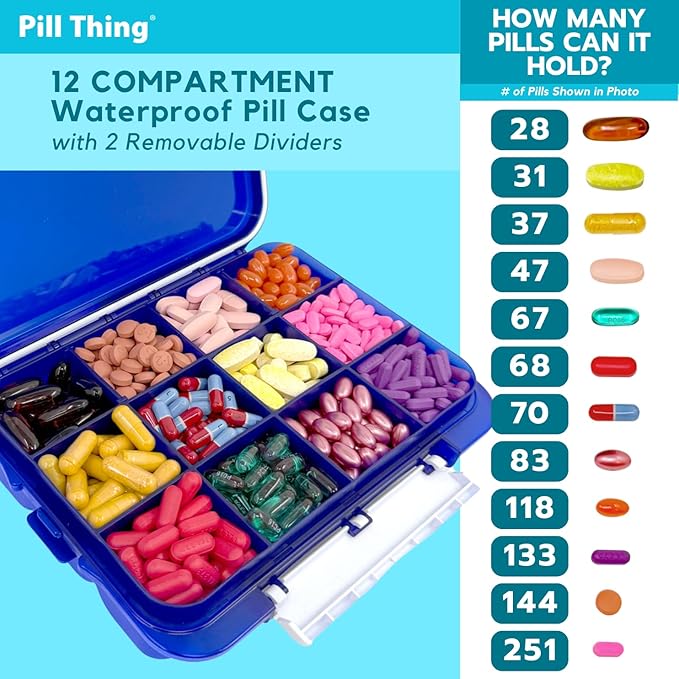 2-Pack Large Pill Organizer – Blue + Clear | 12-Compartment Weekly Pill Box Case with Removable Dividers, Waterproof, Travel-Friendly (Combo Pack - 1 Blue & 1 Clear)