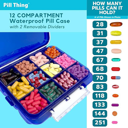 2-Pack Large Pill Organizer – Blue + Clear | 12-Compartment Weekly Pill Box Case with Removable Dividers, Waterproof, Travel-Friendly (Combo Pack - 1 Blue & 1 Clear)