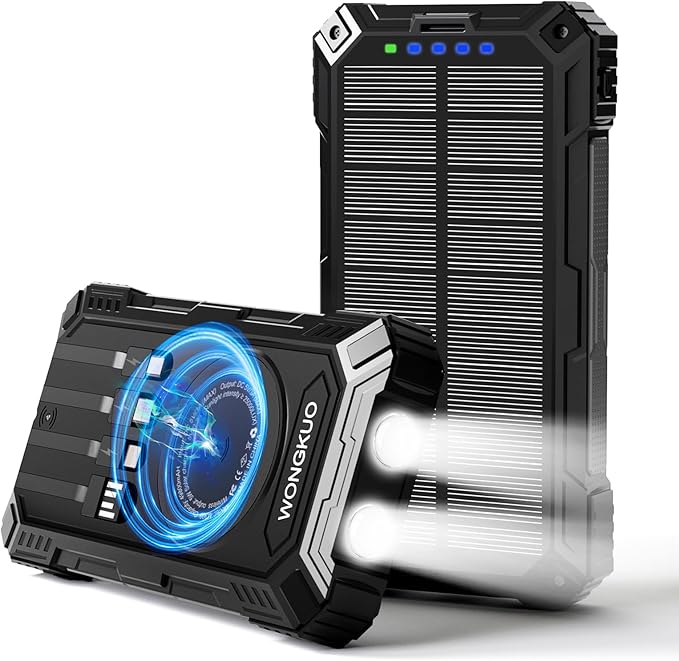 WONGKUO Solar Charger Power Bank - 49800mAh Solar Phone Charger with USB-C in/Output, QC 3.0 Fast Charging with LED Flashlight, Built-in 4 Cables, IP65 Waterproof Fits for Outdoor (Flash Black)