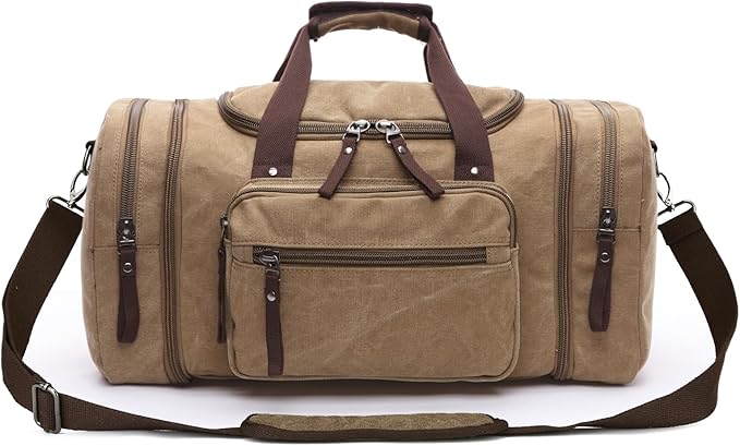 Large men's travel luggage bag, carry overnight bag, weekend handbag, waterproof canvas travel bag(khaki)