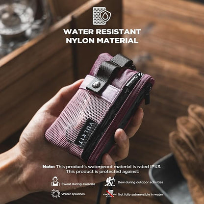 VULKIT Small RFID Wallet for Women & Men – Minimalist Zipper Wallet with ID Window, Keychain & Carabiner, Holds 15 Cards, Water Resistant Travel Lanyard Wallet Wine Pink