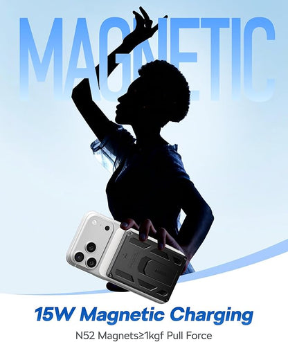 VEGER Portable Charger, Magnetic Power Bank with Phone Stand, Card Slot RFID Blocking, Global Tracking, 20W USB-C Fast Charging Powerbank, 15W Wireless Battery Pack for iPhone17/16/15/14/13/12 Black