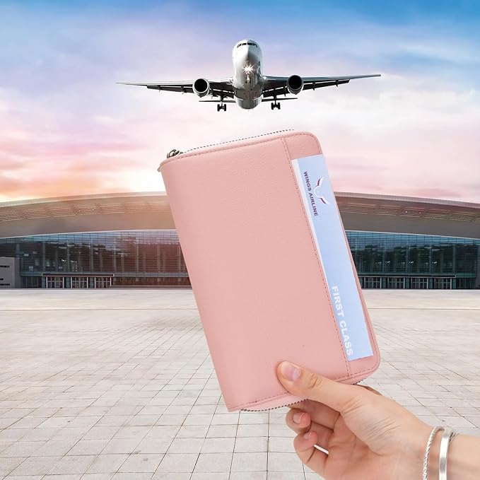 WASON Leather Zipper Travel Passport Wallet Holder RFID Blocking Cover, Passport case Pocket Slot for Card, Cash, ID, Boarding Pass and Ticket for Men, Women and Family Trips (Pink)