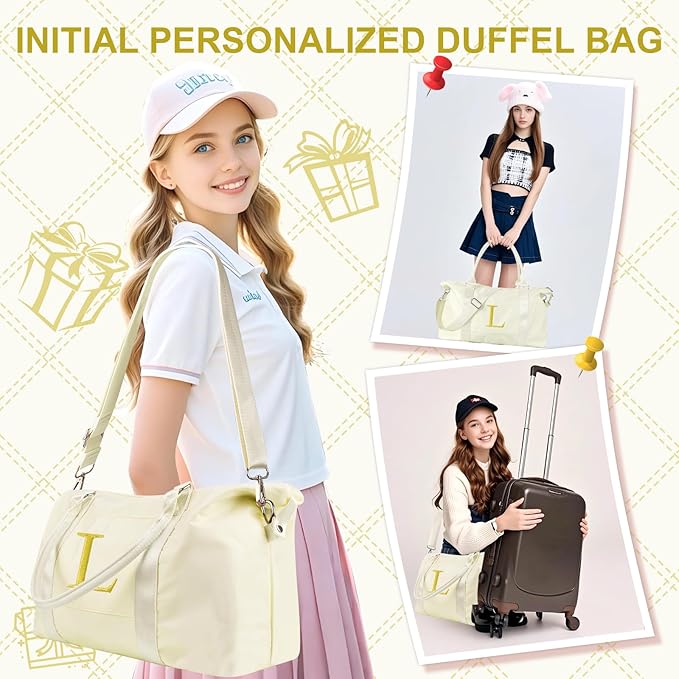Personalized Initial Gym Dance Bag, Travel Duffel Bag for Teen Girls, Carry On Bag Overnight Weekender Bag with Trolley Sleeve, Birthday Gifts for Women Mom Daughter Graduation Gift(Letter L, Beige)