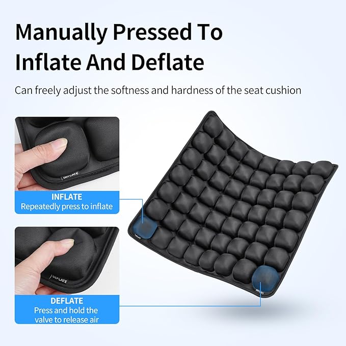 Inflatable Travel Cushion for Airplane and Car - Adjustable Air Pressure Seat Cushion for Long Flights, Office Chairs, and Travel - Portable 17.7x15.7 Inches - Black