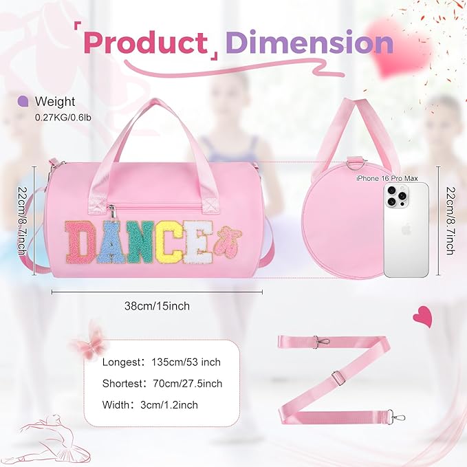 Dance Bag for Girls, KUIRAN 23L Waterproof Travel Duffel Bag with Colorful Chenille Letter, Lightweight Small Gym Sport Ballet Bag with Large Main Compartment 15"Lx9"Wx9"H - Light Pink