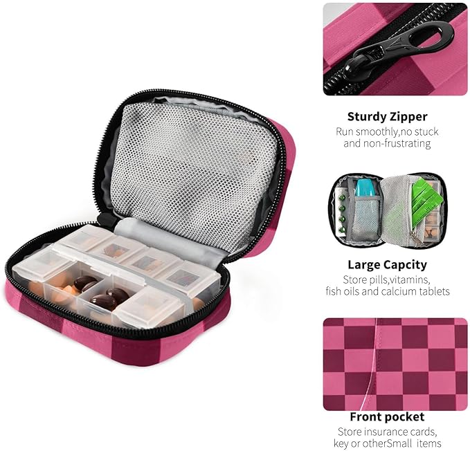 Checkered Hot Pink Cute Pill Organizer Weekly Travel Pill Box 7 Day Large Capacity Pill Dispenser Case with 8 Pill Container Daily Pill Box Organizer Vitamin Holder Pill Bot