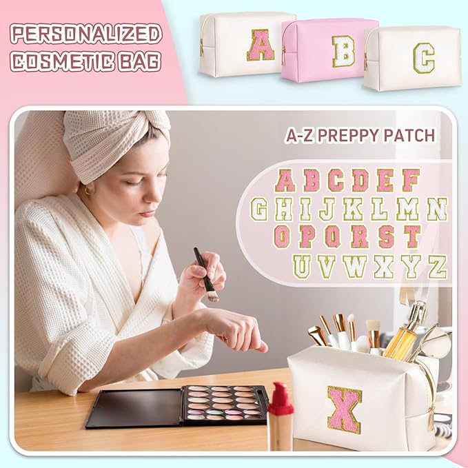 TOPEAST Initial Makeup Bags for Women, Personalized Portable Cosmetic Bag with Zipper, Cute Makeup Pouch, Bridesmaid Gifts for Wedding Day,Girl Trendy Stuff(Pearly White X)
