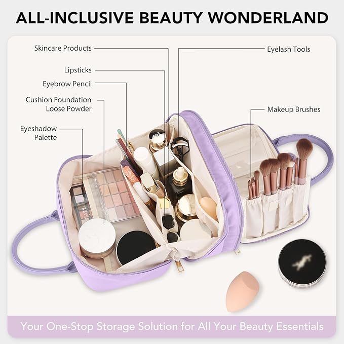 Travel Makeup Bag for Women Fashion Large Capacity Pouch Open Flat Cosmetic Portable Organizer Waterproof Large Opening Storage Toiletry Bags Vertical Free-Standing Brush Holder for Easy Access Purple