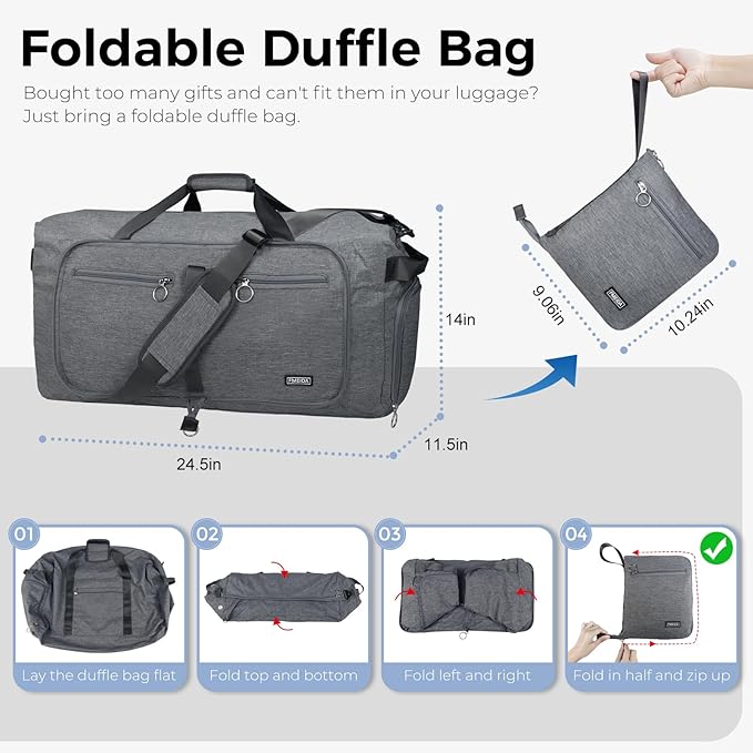 Fmeida 65L Duffle Bag with Shoes Compartment, Foldable Travel Duffel Bags for Men Women, Large Packable Travel Bag Water Repellent & Tear Resistant (Gray)