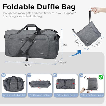 Fmeida 65L Duffle Bag with Shoes Compartment, Foldable Travel Duffel Bags for Men Women, Large Packable Travel Bag Water Repellent & Tear Resistant (Gray)