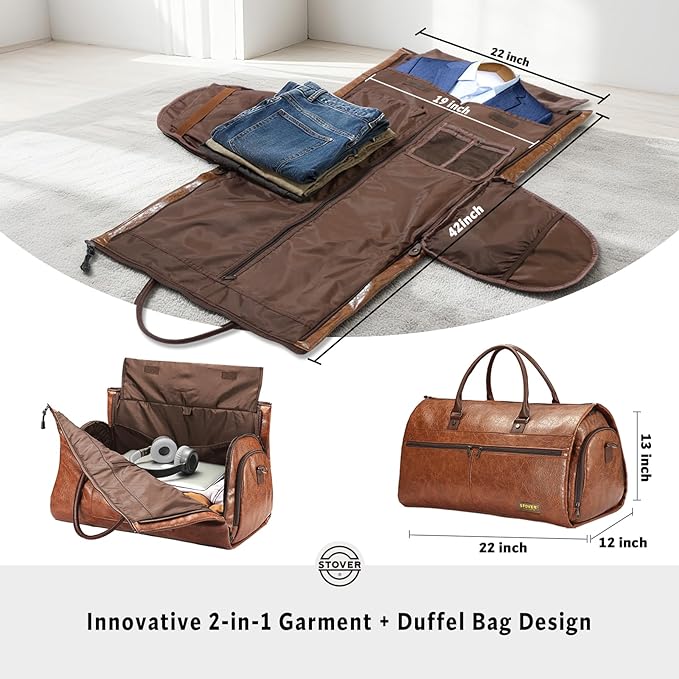 STOVER Garment Travel Duffle Bag, Large 2-in-1 Convertible Carry-on Luggage for Men & Women- Hanging Suits, Dresses & Clothes + Shoe Compartment- Weekender Tote Combo Duffel (Brown Leatherette)