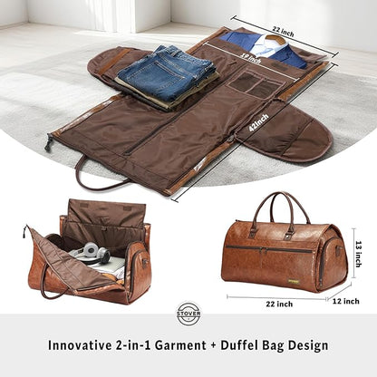 STOVER Garment Travel Duffle Bag, Large 2-in-1 Convertible Carry-on Luggage for Men & Women- Hanging Suits, Dresses & Clothes + Shoe Compartment- Weekender Tote Combo Duffel (Brown Leatherette)