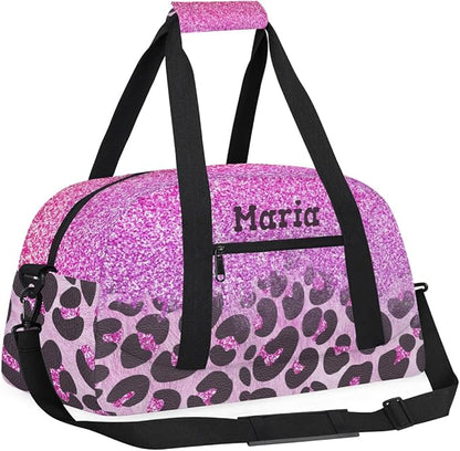 Personalized Kids Sports Duffel Bag with Name Custom Weekender Overnight Bag for Boys Girls Gym Bag Travel Dance Gymnastics Duffel Bag, Purple Glitter Leopard Print
