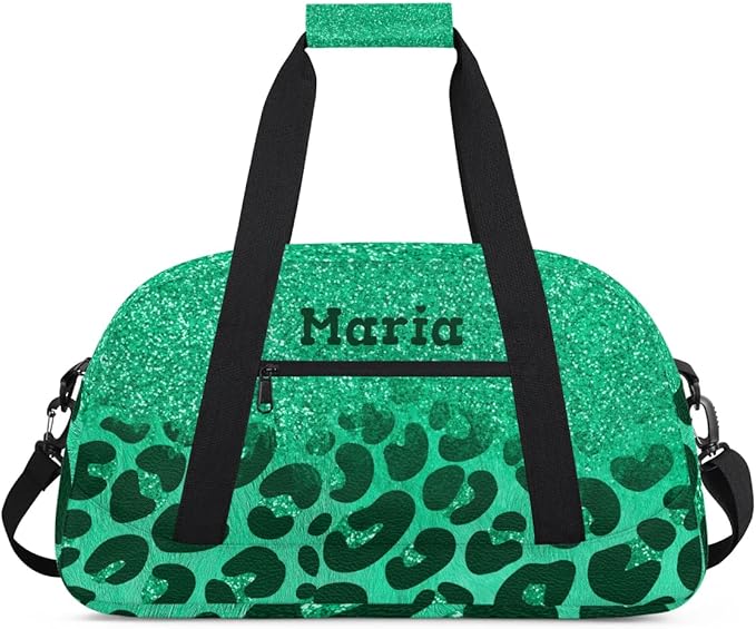Personalized Kids Sports Duffel Bag with Name Custom Weekender Overnight Bag for Boys Girls Gym Bag Travel Dance Gymnastics Duffel Bag, Green Glitter Leopard Print