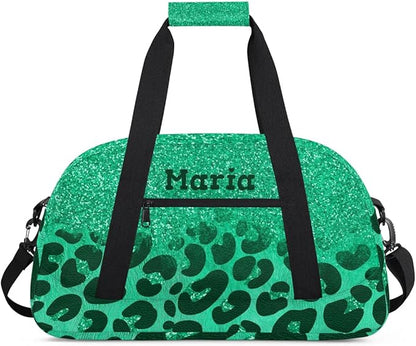 Personalized Kids Sports Duffel Bag with Name Custom Weekender Overnight Bag for Boys Girls Gym Bag Travel Dance Gymnastics Duffel Bag, Green Glitter Leopard Print