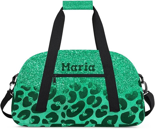 Personalized Kids Sports Duffel Bag with Name Custom Weekender Overnight Bag for Boys Girls Gym Bag Travel Dance Gymnastics Duffel Bag, Green Glitter Leopard Print