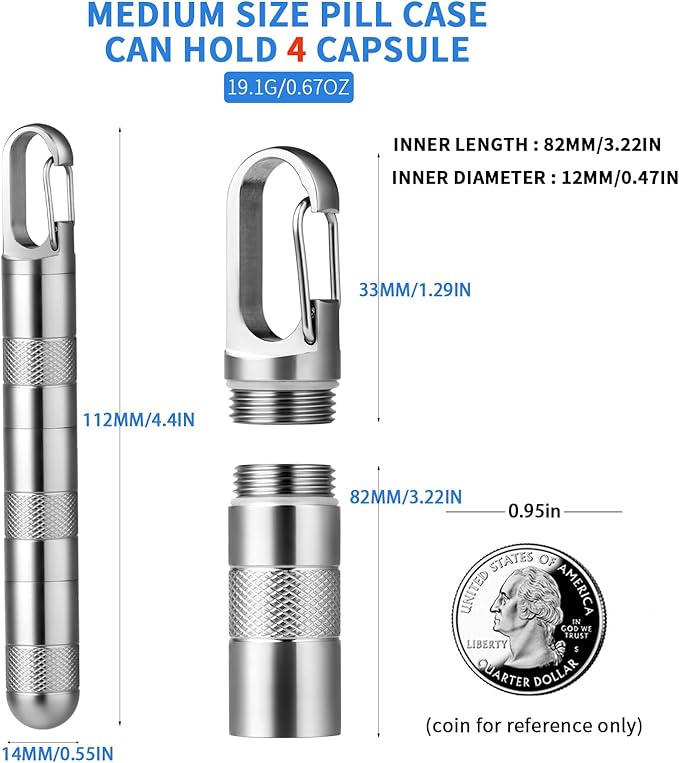 TISUR Small Titanium Pill Case,Keychain Pill Holder, Portable Pill Box Container,Travel Pill Organizer Waterproof Metal Pill Fob Bottle,Removable Compartment (Gray Titanium Large -3.26 inch)