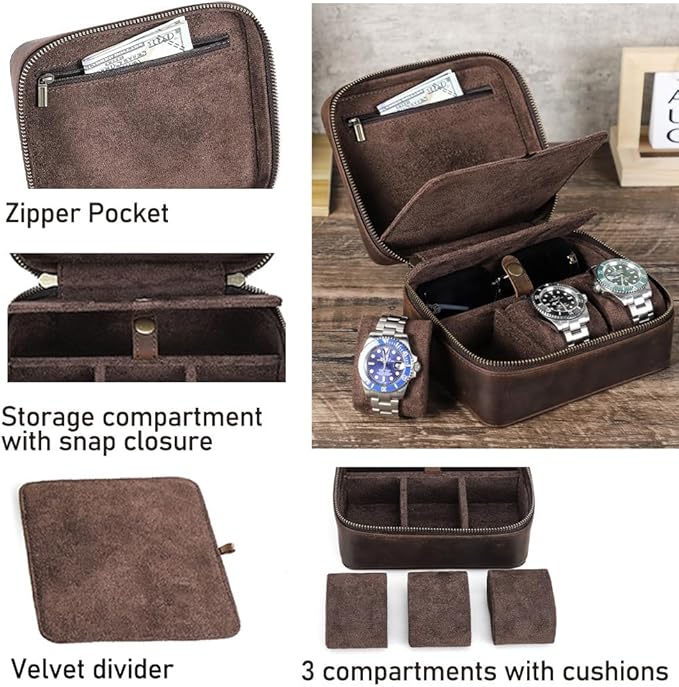 CONTACTS Watch Case Travel Sunglasses Holder for Men Full Grain Leather Jewelry Organizer for 3 Watches and Watch Straps or 1 Sunglasses