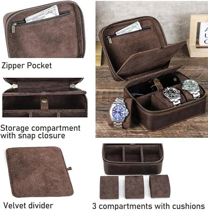 CONTACTS Watch Case Travel Sunglasses Holder for Men Full Grain Leather Jewelry Organizer for 3 Watches and Watch Straps or 1 Sunglasses